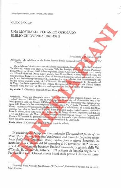 Una mostra sul botanico ossolano Emilio Chiovenda (1871-1941) .