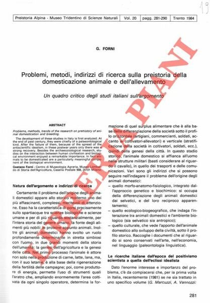 Problemi, metodi, indirizzi di ricerca sulla preistoria della domesticazione animale …