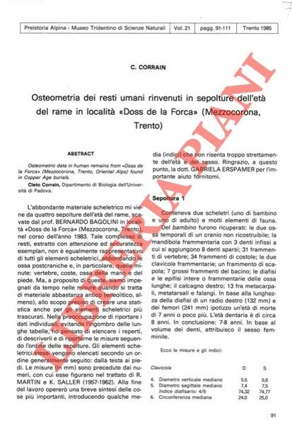 Osteometria dei resti umani rinvenuti in sepolture dell'età del rame …