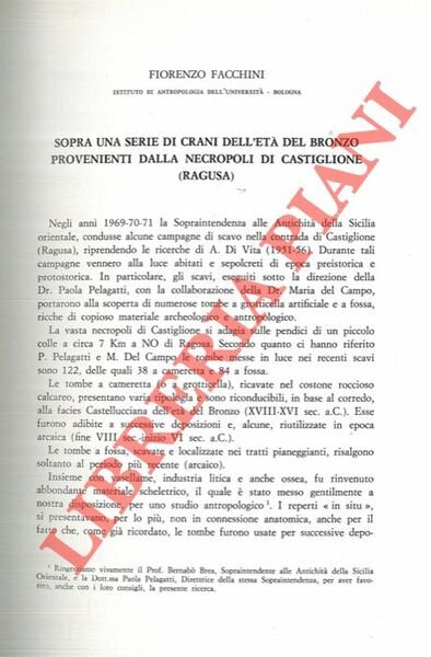Sopra una serie di crani dell'età del Bronzo provenienti dalla necropoli di Castiglione (Ragusa) .