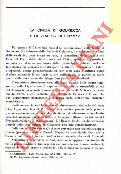 La civiltà di Golasecca e la “facies” di Chiavari.