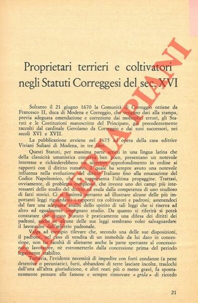 Proprietari terrieri e coltivatori negli Statuti Cprreggesi del sec. XVI.