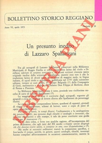 Un presunto inedito di Lazzaro Spallanzani.