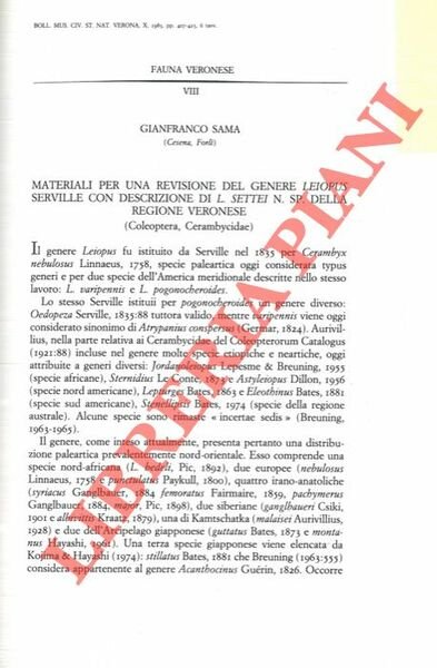 Materiali per una revisione del genere Leiopus Serville con descrizione di L. settei n. sp. della regione veronese (Coleoptera, Cerambycidae) .