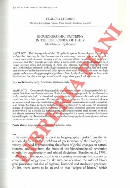 Biogeographic patterns in the Opilionids of Italy (Arachnida: Opiliones) . | Immagine principale