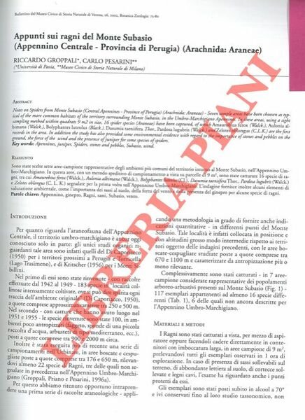 Appunti sui ragni del Monte Subasio (Appennino Centrale - Provincia di Perugia) (Arachnida:Araneae) .