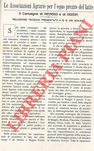 Le Associazioni Agrarie per l'equo prezzo del latte. Il Convegno di Reggio e di Roma. Relazione tecnica.