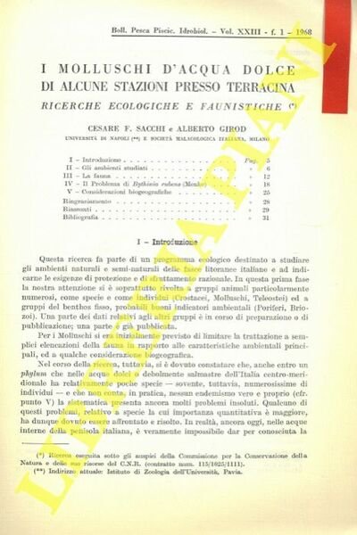 I molluschi d'acqua dolce di alcune stazioni presso Terracina. Ricerche …