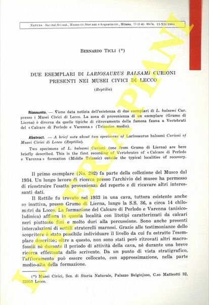 Due esemplari di Lariosaurus balsami Curioni presenti nei Musei Civici di Lecco (Reptilia) .