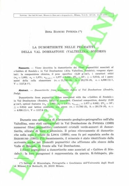 La dumortierite nelle pegmatiti della Val Dombastone (Valtellina, Sondrio) .