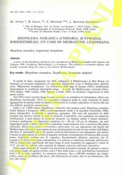 Rhopilema nomadica (Cnidaria; Schiphozoa; Rhizostomeae): un caso di migrazione lessepsiana.
