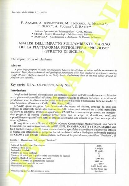 Analisi dell'impatto sull'ambiente marino della piattaforma petrolifera “Prezioso” (Stretto di …