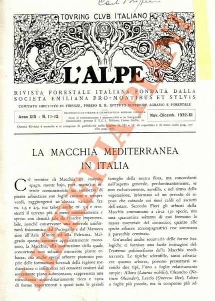La macchia mediterranea in Italia. La macchia mediterranea nella selvicoltura e nella economia rurale italiana. La Palma di San Pietro. Il lauro o alloro. Il carrubo e il siliquastro. Il mirto o mortella. L'alaterno e gli altri “Rhamnus” mediterranei. Il pistacchio, il terebinto e il lentisco. Il corbezzolo o albatro. Le associazioni della bassa macchia. Le piante alofite e le liane.