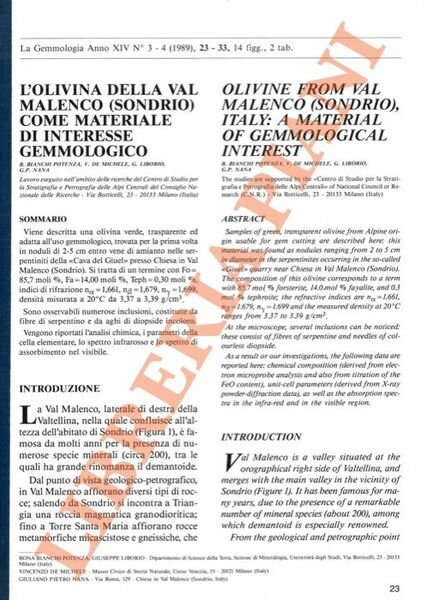 L'olivina della Val Malenco (Sondrio) come materiale d'interesse gemmologico - …