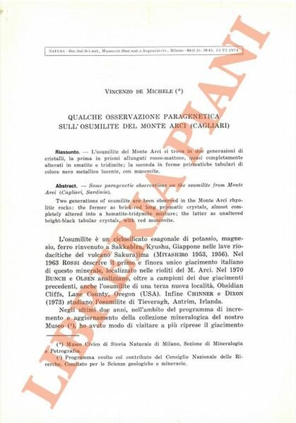 Qualche osservazione paragenetica sull'osumilite del Monte Arci (Cagliari).