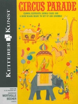 Circus parade. Clowns, elephants, animal cages and a band wagon …