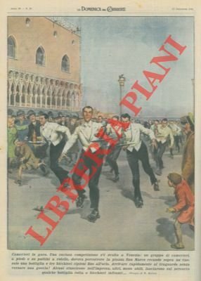 Curiosa competizione di camerieri sui pattini a rotelle in piazza …