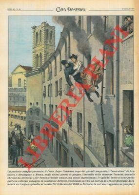 Ripetizione di una tavola di Beltrame del 1900 : a Ferrara pompieri portano in salvo cittadini da un palazzo in fiamme.