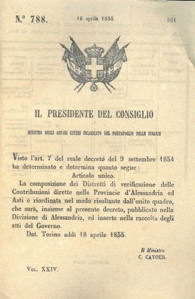 che stabilisce la riordinazione di Asti e Alessandria realtivamente ai distretti di verifica delle contribuzioni dirette.