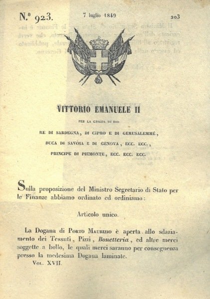 con cui si stabilisce l'apertura della Dogana di Porto Maurizio …