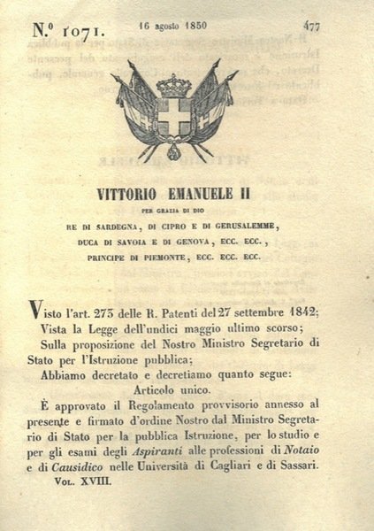 con cui si approva il regolamento annesso al rpesente RD per gli esamidegli aspiranti notai nelle Università di Cagliari e Sassari.