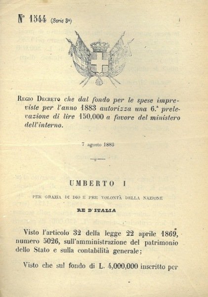 che dal fondo per le spese impreviste per l'anno 1883 …