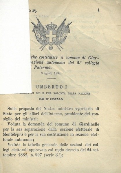 che costituisce il comune di Giardinello in sezione autonoma del 2° collegio elettorale di Palermo.