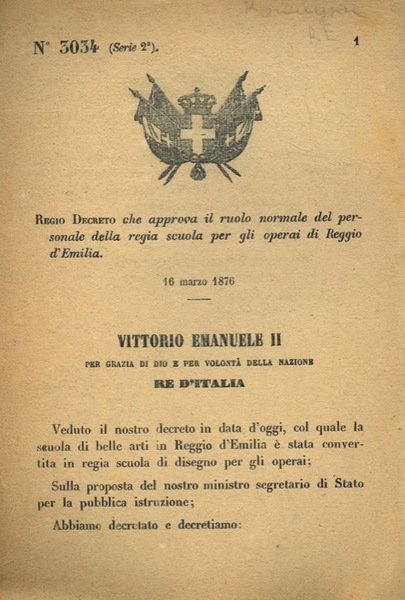che approva il ruolo normale del personale della regia scuola per gli operai di Reggio d'Emilia.