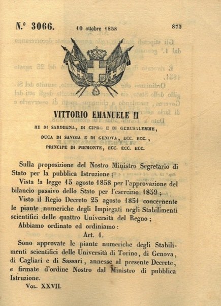 con il quale si approvano le piante numeriche degli stabilimenti scientifici delle Università di Torino, Genova, Cagliari e Sassari.