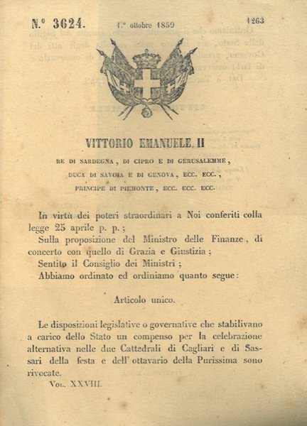 che revoca il compenso a carico dello Stato per le celebrazioni dell'ottavaio della Purissima nelle due Cattedrali di Cagliari e di Sassari.