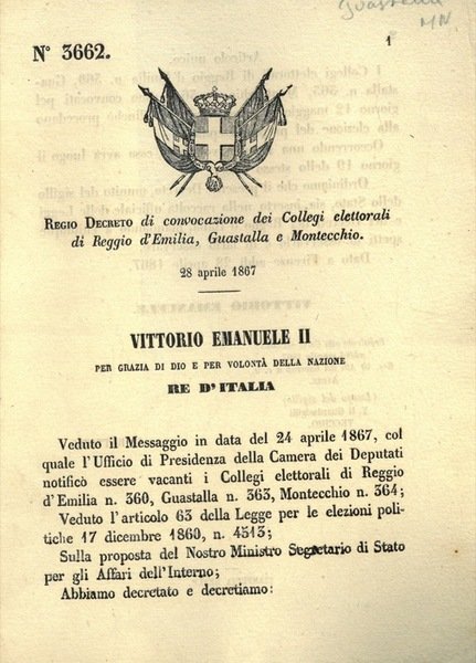 di convocazione dei Collegi elettorali di Reggio d'Emilia, Guastalla e Montecchio.