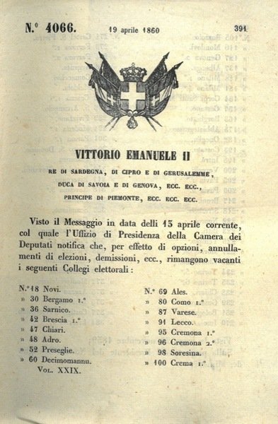 che dichiara vacanti alcuni collegi elettorali (Novi, Bergamo, Sarnico, Brescia … | Immagine principale