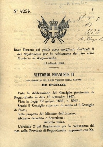 col quale viene modificato l'articolo 2 del Regolamento per la coltivazione del riso nella Provincia di Reggio-Emilia.