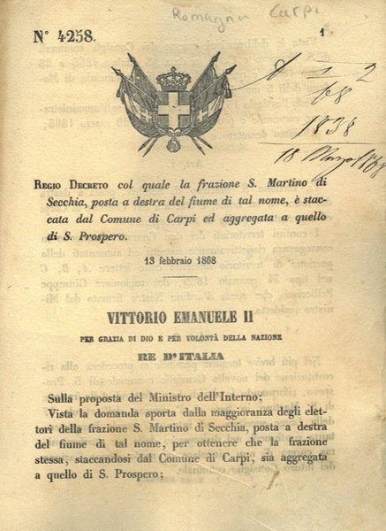 col quale la frazione di S. Martino di Secchia, posta a destra del fiume di tal nome, è staccata dal Comune di Carpi ed aggregata a quello di S. Prospero.