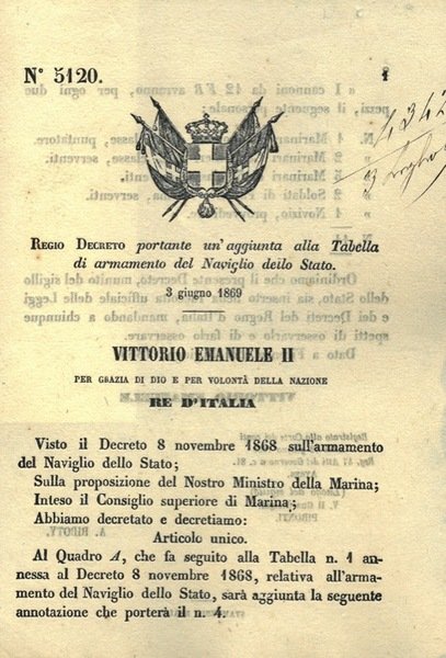 portante un'aggiunta alla Tabella di armamento del Naviglio dello Stato.