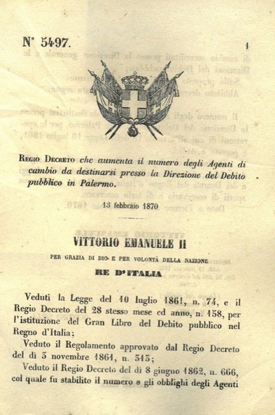 che aumenta il numero degli agenti di cambio da destinarsi presso la Direzione del Debito pubblico in Palermo.