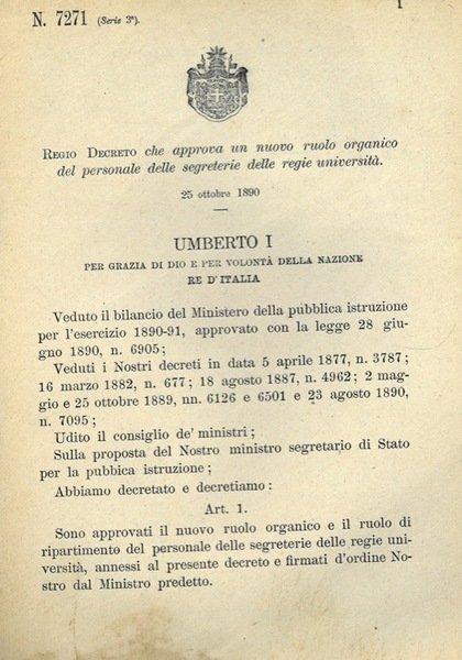 che approva un nuovo ruolo organico del personale delle segreterie …