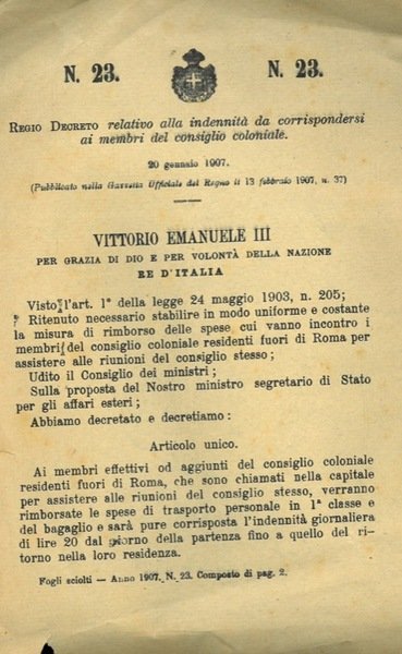 relativo alla indennità da corrispondersi ai membri del consiglio coloniale.