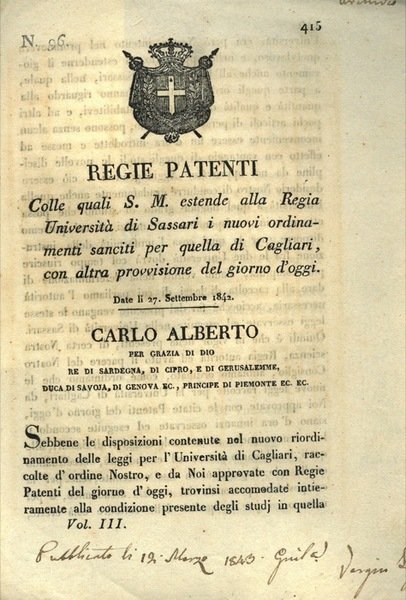 con le quali si estende all'Università di Sassari i nuovi ordinamenti sanciti per quella di Cagliari.