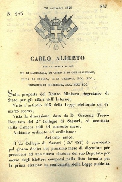 con cui si convoca il collegio di Sassari per l'elezione del suo deputato.