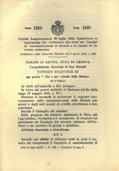riguardante la sostituzione dei richiamati alle armi nei Consigli di amministrazione di Società o di Istituti di carattere economico.