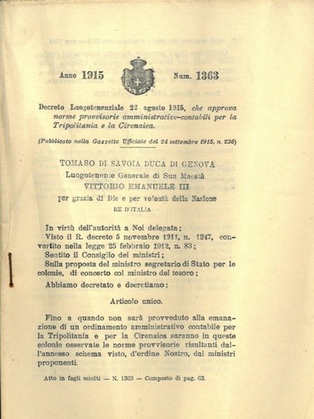 che approva norme provvisorie amministrative-contabili per la Tripolitania e la Cirenaica.