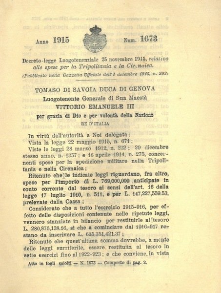 relativo alle spese per la Tripolitania e la Cirenaica.