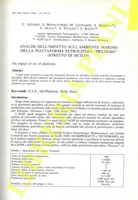 Analisi dell'impatto sull'ambiente marino della piattaforma petrolifera “Prezioso” (Stretto di …