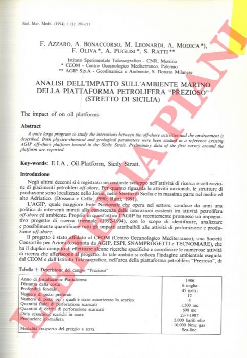 Analisi dell'impatto sull'ambiente marino della piattaforma petrolifera “Prezioso” (Stretto di …