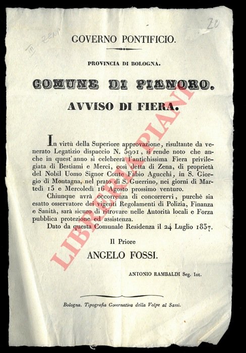 Avviso che l'antichissima fiera di bestiami e merci così detta …