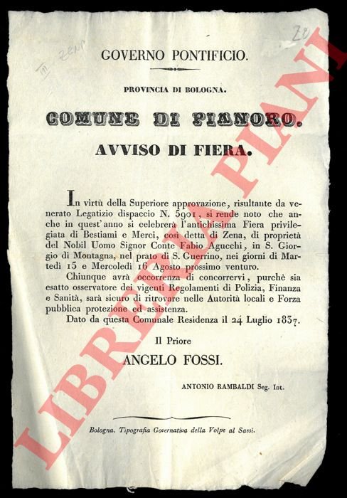 Avviso che l'antichissima fiera di bestiami e merci così detta …