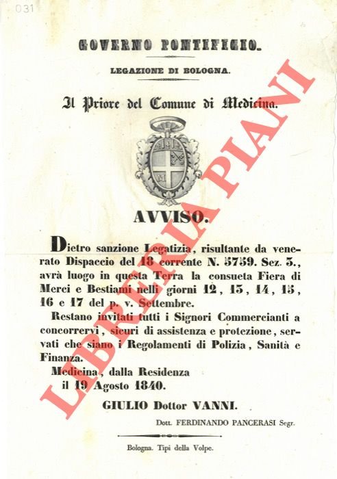 Avviso della consueta fiera di bestiami e merci nella solita …