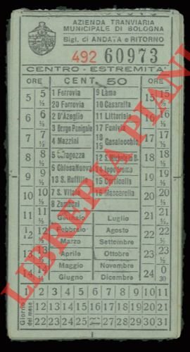Biglietti del tram. Bologna. Cent. 50