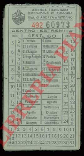 Biglietti del tram. Bologna. Cent. 50